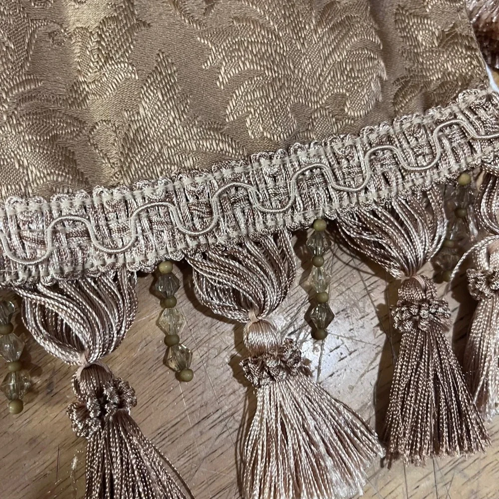 Vtg Victorian Ornate Damask Hand Towels Set 2 Bronze Gold Tassel Beaded 28x14